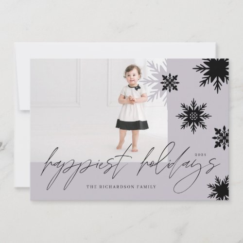 Happy Holidays Periwinkle Black Snowflakes Family Holiday Card