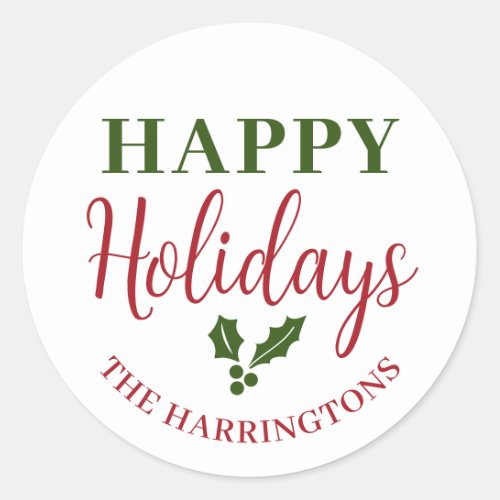 Happy Holidays Personalize Family Name Classic Round Sticker