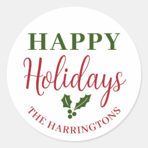 Happy Holidays Personalize Family Name Classic Round Sticker