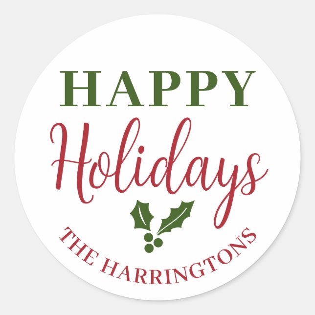 Happy Holidays Personalize Family Name Classic Round Sticker (Front)