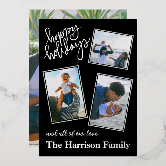 Happy Holidays Personalized 4 Photo Collage Silver Foil Holiday Card (Front/Back)