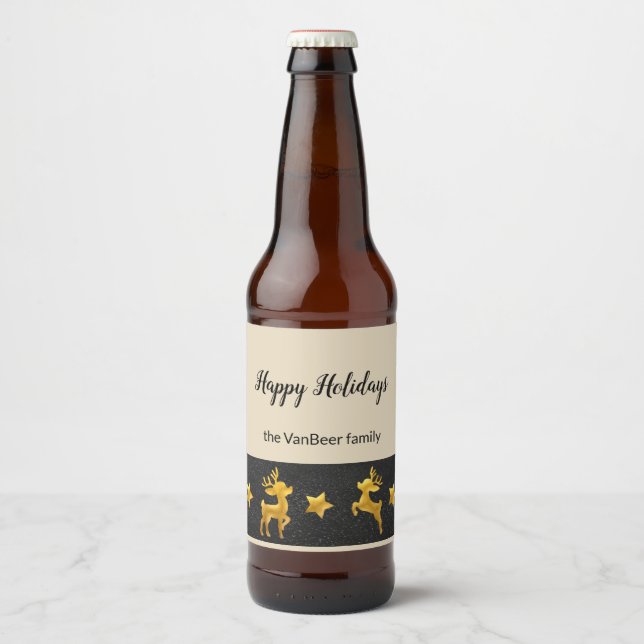 Happy Holidays Personalized Gold Reindeer Beer Bottle Label (Front)