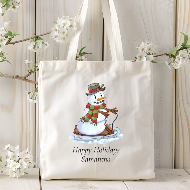 Happy Holidays Personalized Name Snowman Sledding Tote Bag (Creator Uploaded)