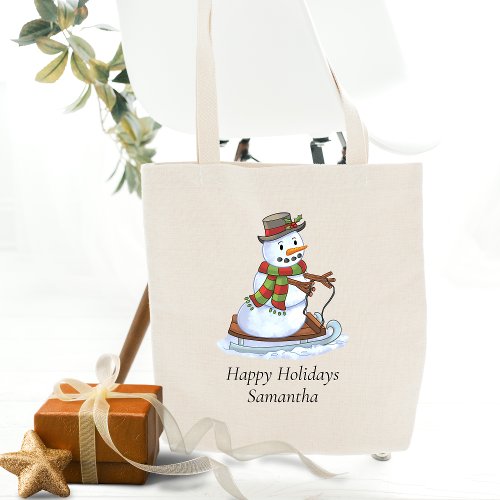 Happy Holidays Personalized Name Snowman Sledding Tote Bag