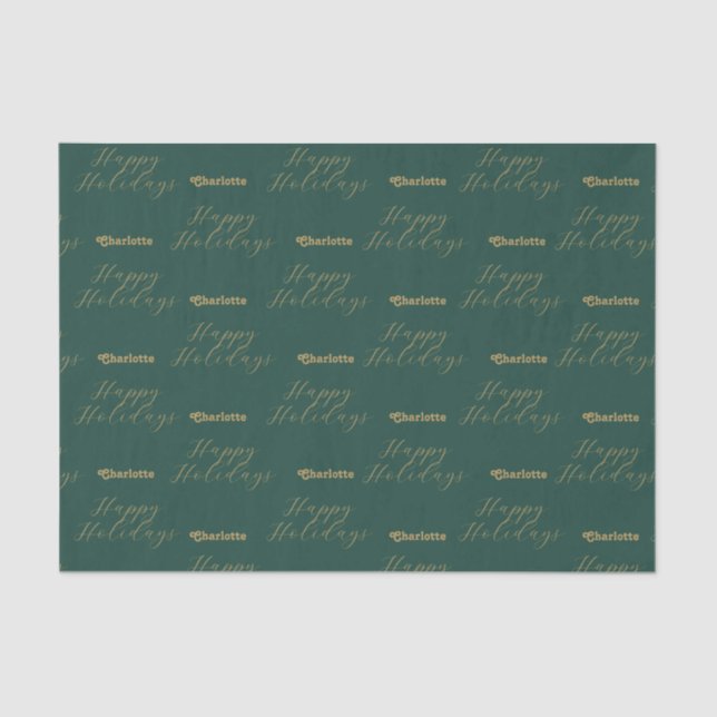 Happy Holidays Personalized Name Traditional Green Tissue Paper (Front)