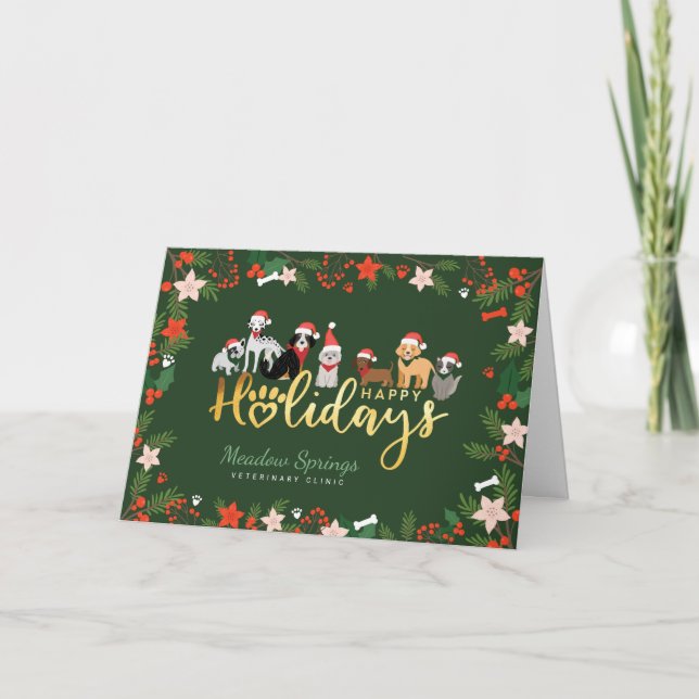 Happy Holidays Pet Family Dog Breeds Santa Hats Holiday Card (Front)
