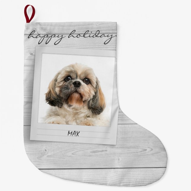 Happy Holidays Pet Photo Frame Personalized Large Christmas Stocking (Front)