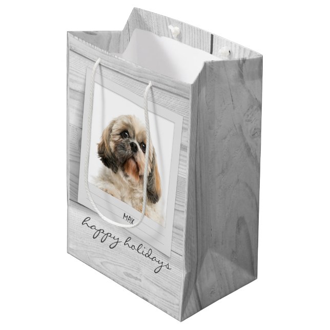Happy Holidays Pet Photo Frame Personalized Medium Gift Bag (Front Angled)