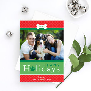 Happy Holidays Pet Photo Paw Print Dots Holiday Card