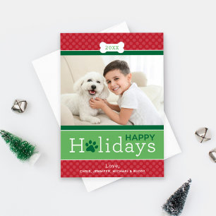 Happy Holidays Pet Photo Paw Print Red Green Dots Holiday Card