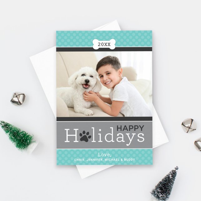 Happy Holidays Pet Photo Paw Print Teal Dots Holiday Card (Creator Uploaded)