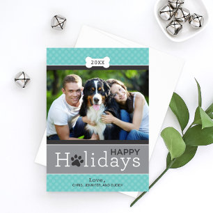 Happy Holidays Pet Photo Paw Print Teal Dots Holiday Card