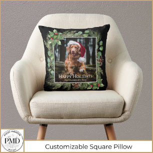 Happy Holidays Pet Photo Wreath Greenery Throw Pillow