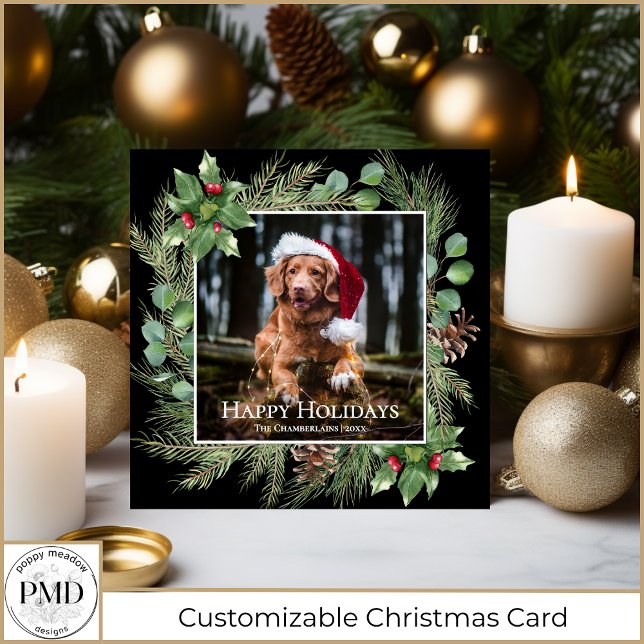 Happy Holidays Pet Photo Wreath Square Card (Happy Holidays Pet Photo Wreath Square Christmas Card with Your Photo, Name, Year, Optional Greeting)