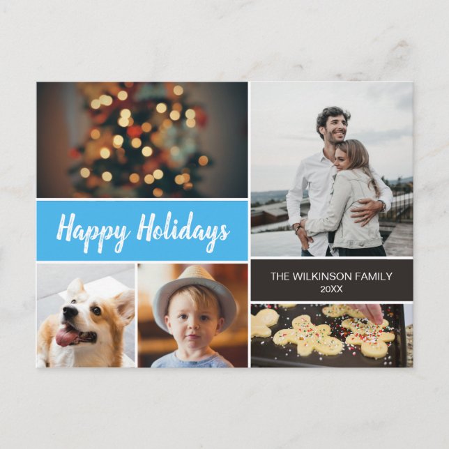 Happy Holidays Photo Collage Blue Christmas Holiday Postcard (Front)