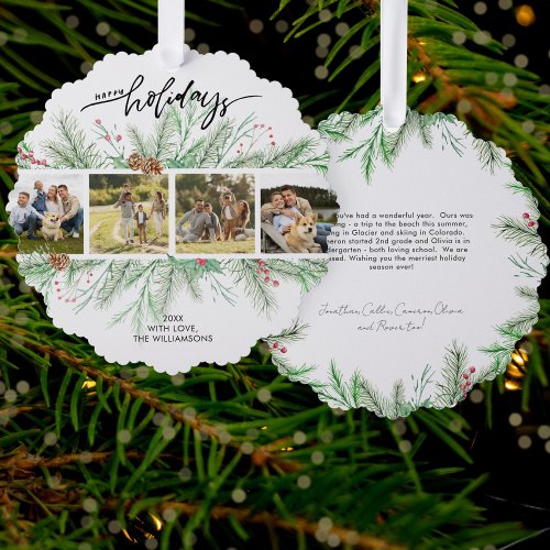 Happy Holidays Photo Collage Christmas Botanicals  Ornament Card