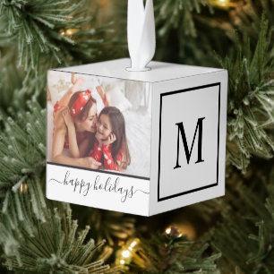 Happy Holidays Photo Collage Clean Modern White Cube Ornament