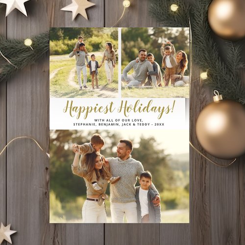 Happy Holidays Photo Collage Gold Stripe Christmas Holiday Card