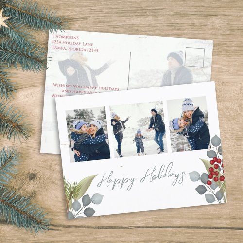 Happy Holidays Photo Collage Greenery Holiday Postcard