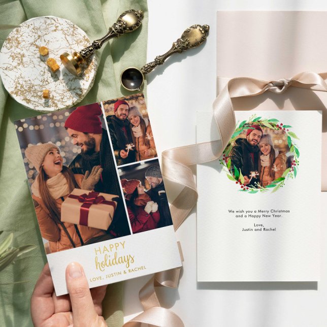 Happy Holidays Photo Collage Personalized Modern Foil Holiday Card (Creator Uploaded)