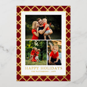 Happy Holidays Photo Collage Red Check Christmas Foil Holiday Card