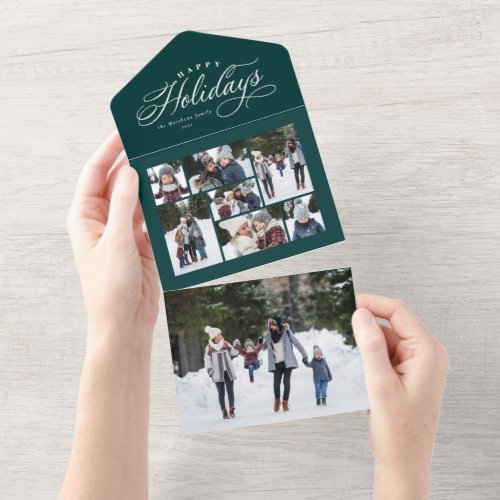 Happy holidays photo collage trifold dark green  all in one invitation