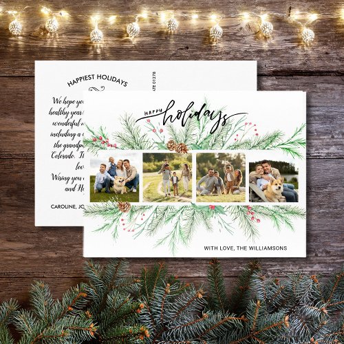 Happy Holidays Photo Collage Woodland Pine Boughs  Postcard