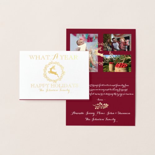 Happy Holidays Photo Family Collage Burgundy Gold Foil Card