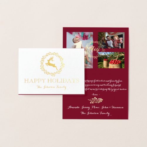 Happy Holidays Photo Family Collage Burgundy Gold Foil Card