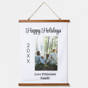 Happy holidays photo family name year calligraphy  hanging tapestry
