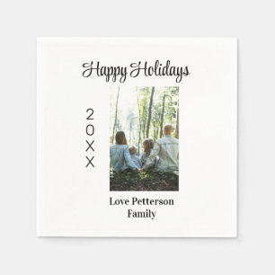 Happy holidays photo family name year calligraphy  napkins