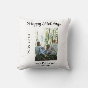 Happy holidays photo family name year calligraphy  throw pillow