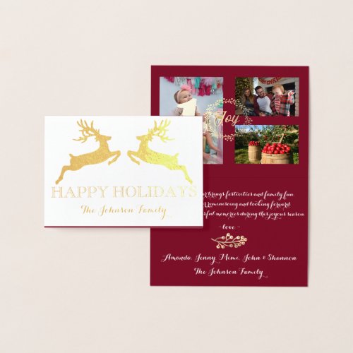 Happy Holidays Photo Family Reinadee Burgundy Gold Foil Card