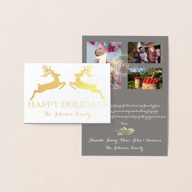 Happy Holidays Photo Family Reindeer Gray  Gold Foil Card (Display)