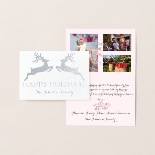 Happy Holidays Photo Family Reindeer Pink Rose Foil Card