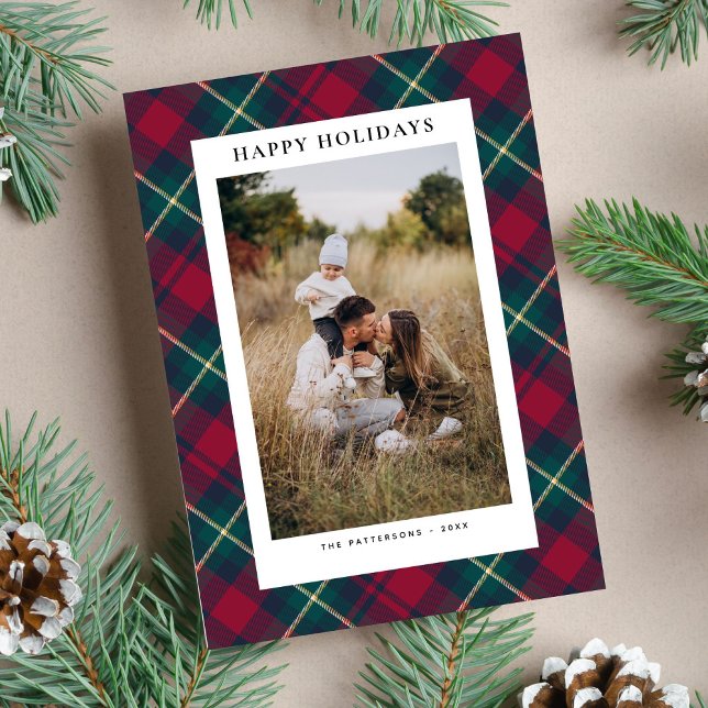Happy Holidays Photo Fun Classic Plaid Modern Holiday Postcard (Creator Uploaded)