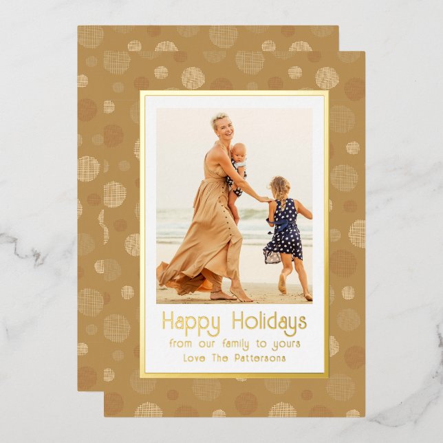Happy Holidays Photo Gold Modern Dot Christmas Foil Holiday Card (Front/Back)