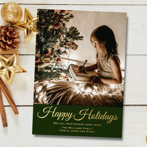 Happy Holidays Photo Green Christmas Foil Holiday Card