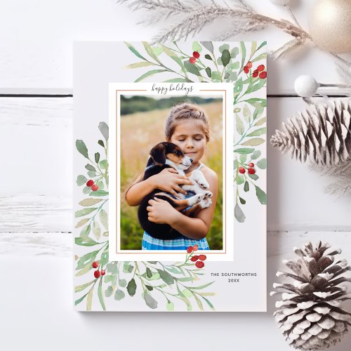 Happy Holidays Photo Green Foliage Red Berries Holiday Card