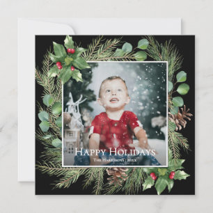 Happy Holidays Photo Greenery Square Holiday Card