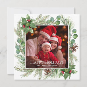 Happy Holidays Photo Greenery Square Holiday Card