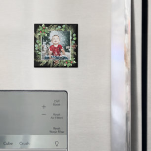 Happy Holidays Photo Greenery Square Magnet