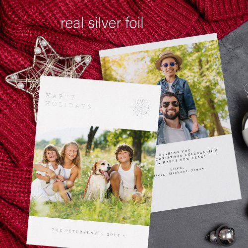 Happy Holidays photo minimalist modern silver Foil Holiday Card