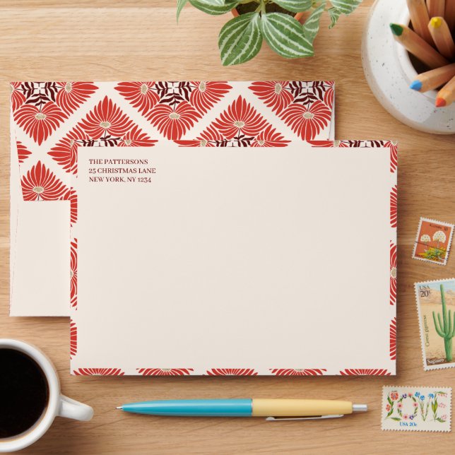Happy Holidays Photo Modern Bold Red Floral  Envelope (Desk)