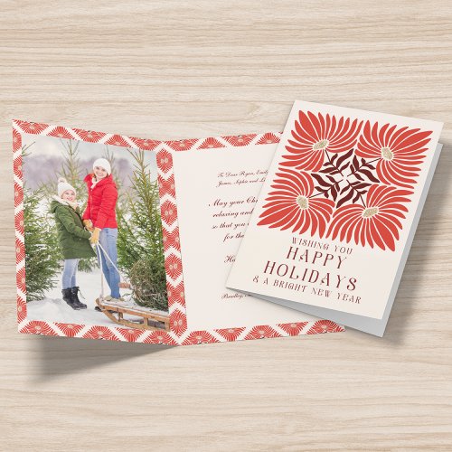 Happy Holidays Photo Modern Bold Red Floral Holiday Card