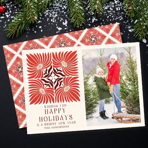 Happy Holidays Photo Modern Bold Red Floral  Holiday Card