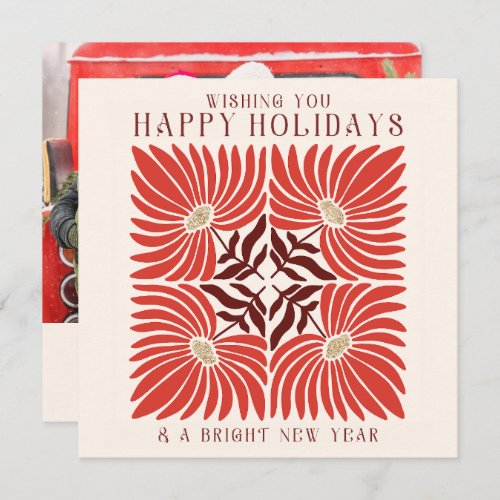 Happy Holidays Photo Modern Bold Red Floral  Holiday Card