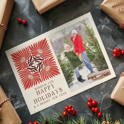 Happy Holidays Photo Modern Bold Red Floral  Holiday Postcard