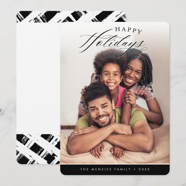 HAPPY HOLIDAYS PHOTO modern calligraphy black Holiday Card (Front/Back)