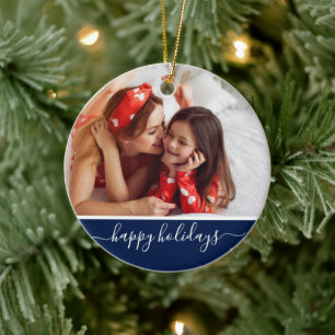Happy Holidays Photo Modern Navy Blue Monogram Ceramic Ornament